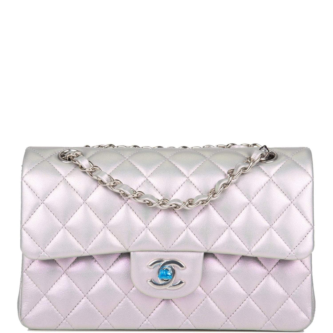 Chanel Small Classic Double Flap Bag Silver Iridescent Lambskin Silver Hardware