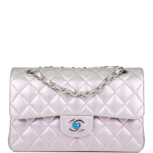 Chanel Small Classic Double Flap Bag Silver Iridescent Lambskin Silver Hardware