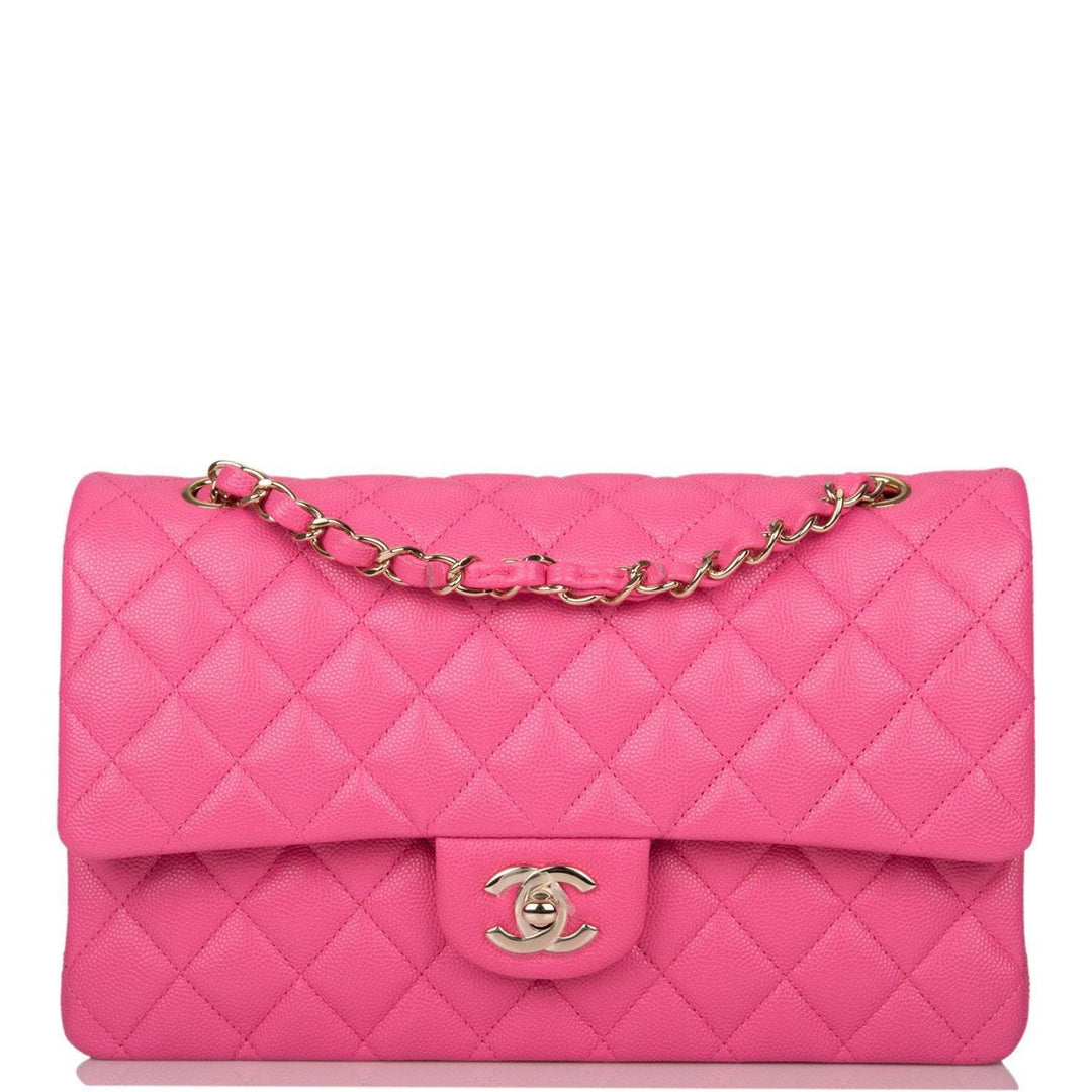 Chanel Pink Quilted Caviar Medium Classic Double Flap Bag Light Gold Hardware