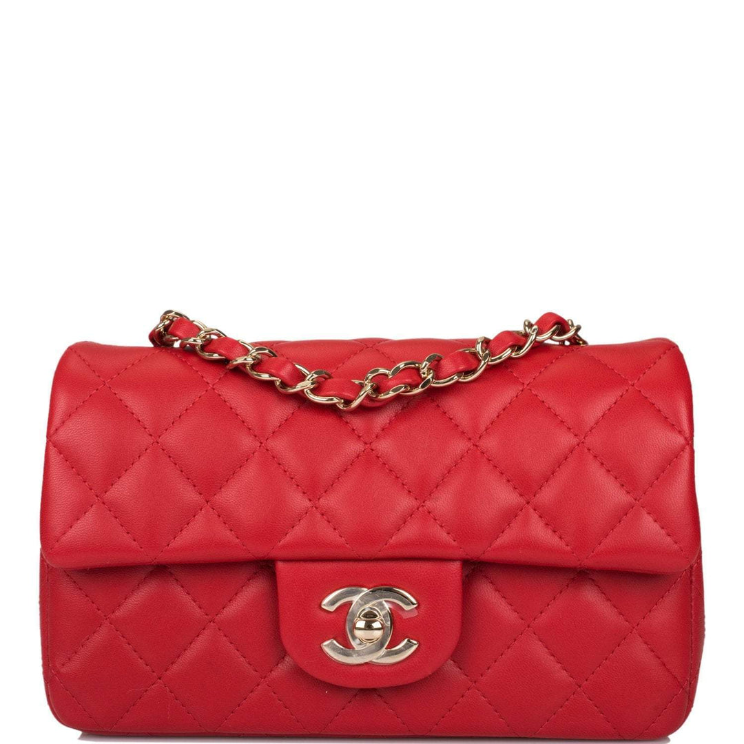 Chanel Red Quilted Lambskin Rectangular Mini Classic Flap Bag Light Gold Hardware