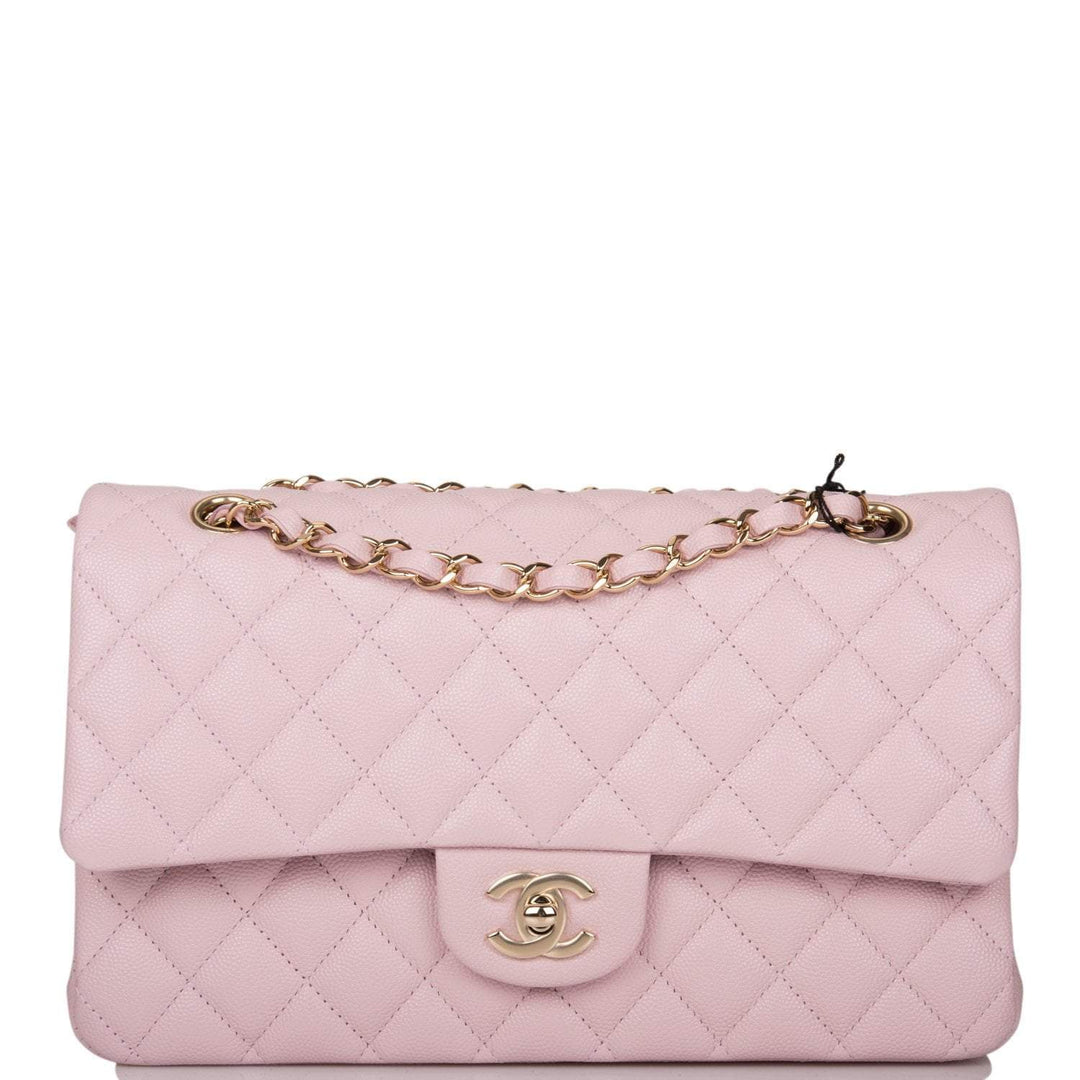 Chanel Rose Clair Quilted Caviar Medium Classic Double Flap Bag Light Gold Hardware