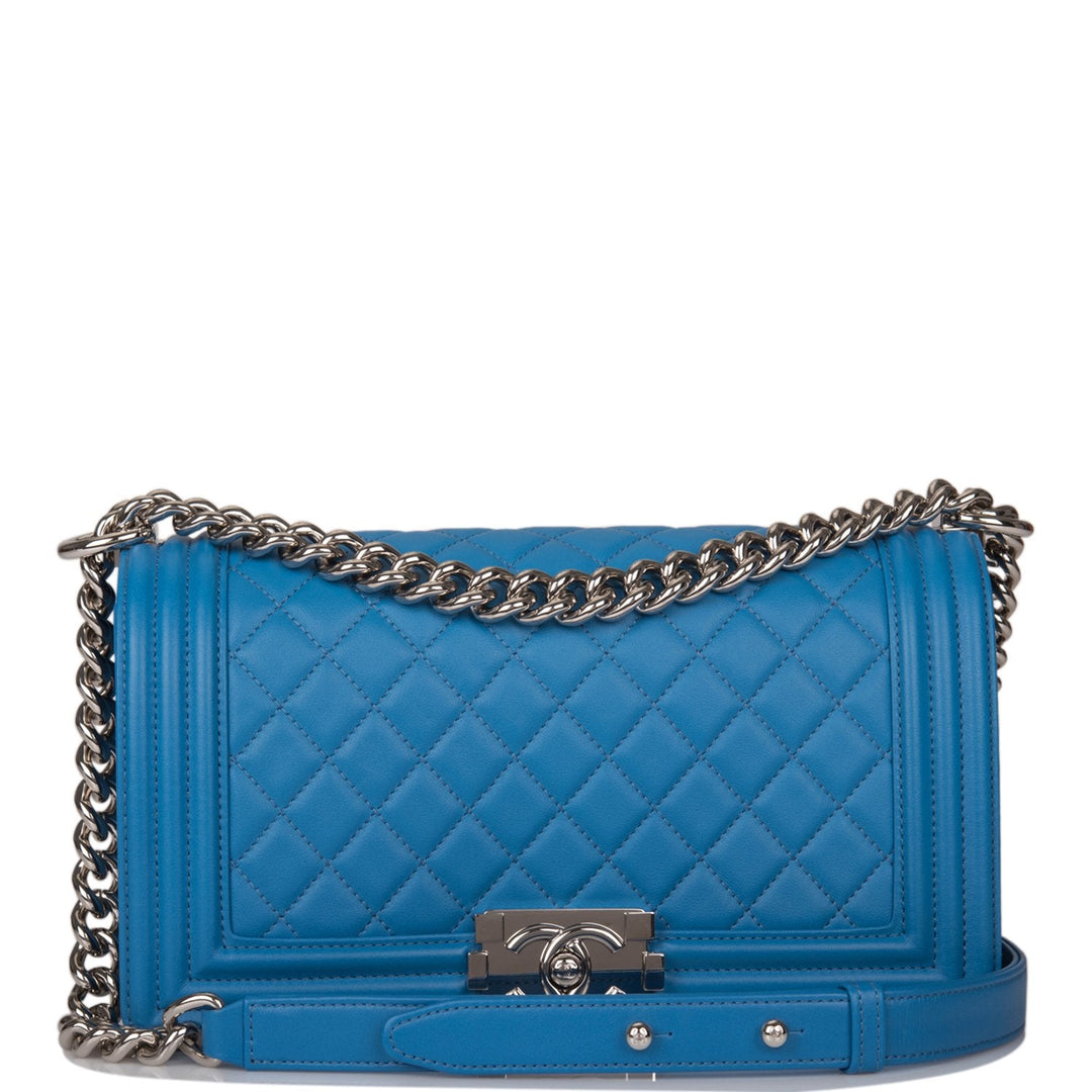 Chanel Medium Boy Bag Blue Calfskin Silver Hardware