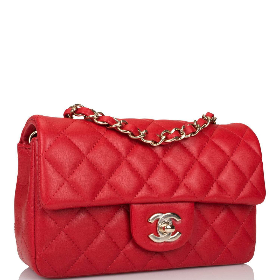 Chanel Red Quilted Lambskin Rectangular Mini Classic Flap Bag Light Gold Hardware