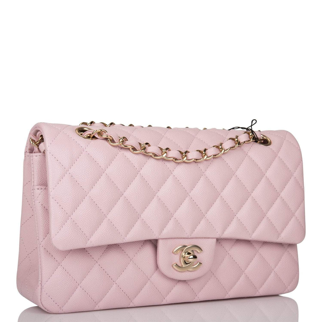 Chanel Rose Clair Quilted Caviar Medium Classic Double Flap Bag Light Gold Hardware