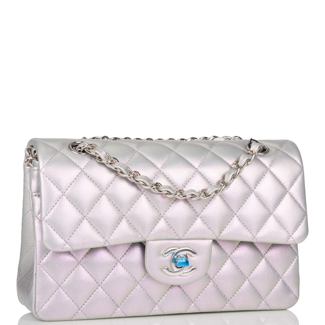 Chanel Small Classic Double Flap Bag Silver Iridescent Lambskin Silver Hardware