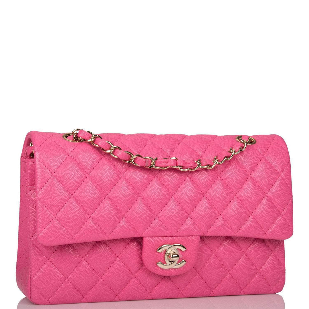 Chanel Pink Quilted Caviar Medium Classic Double Flap Bag Light Gold Hardware