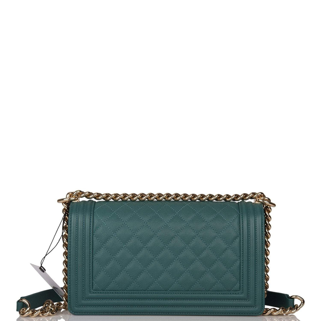 Chanel Green Quilted Caviar Medium Boy Bag Light Gold Hardware