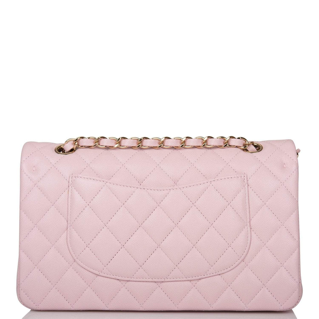 Chanel Rose Clair Quilted Caviar Medium Classic Double Flap Bag Light Gold Hardware