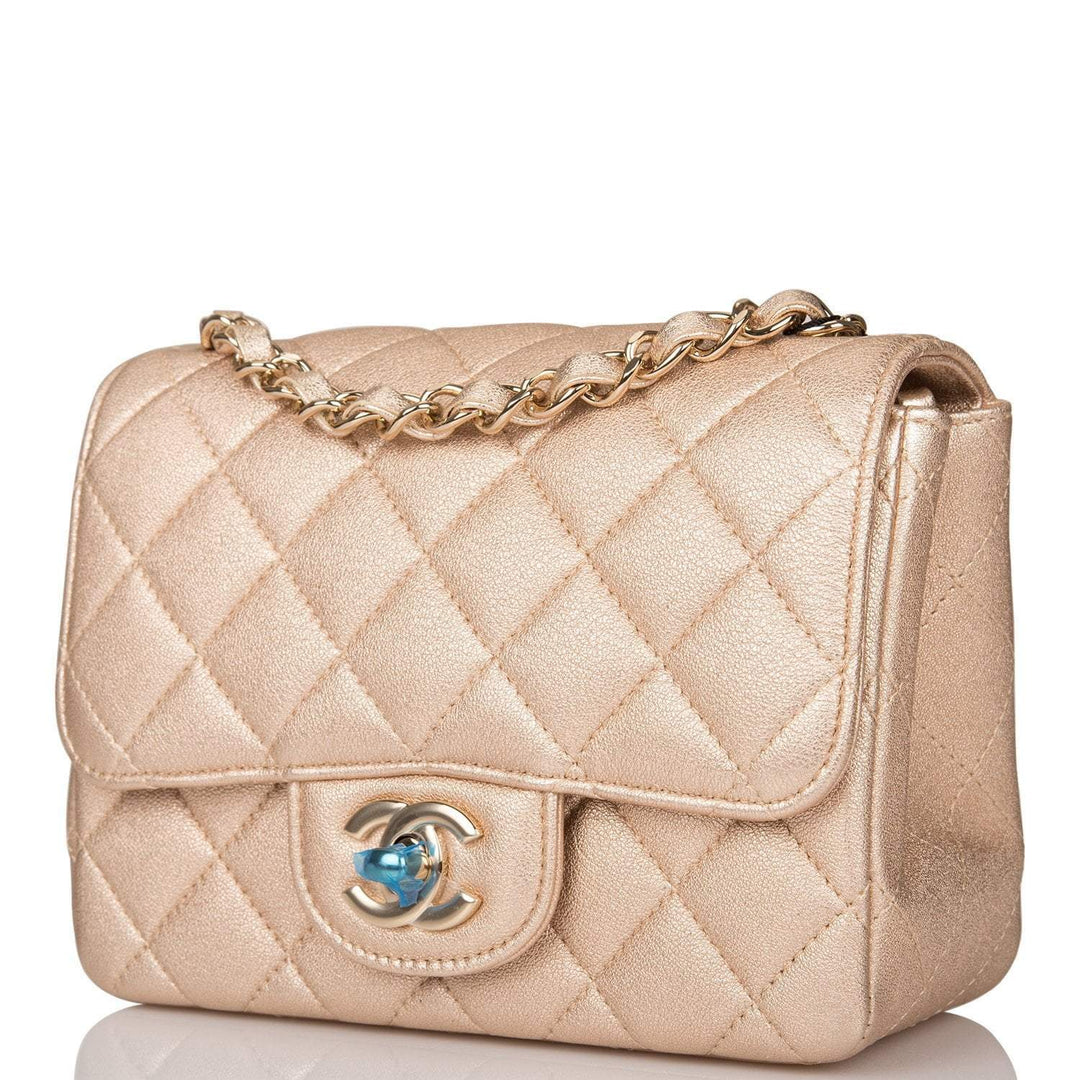 Chanel Gold Metallic Quilted Lambskin Square Mini Classic Flap Bag Light Gold Hardware