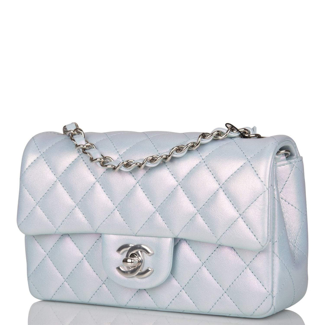 Chanel Mini Rectangular Flap Bag Blue Iridescent Lambskin Silver Hardware