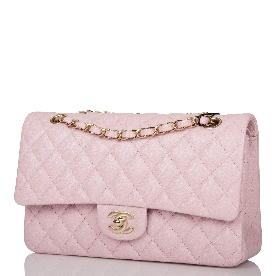 Chanel Rose Clair Quilted Caviar Medium Classic Double Flap Bag Light Gold Hardware