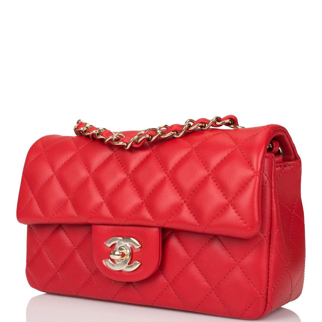 Chanel Red Quilted Lambskin Rectangular Mini Classic Flap Bag Light Gold Hardware