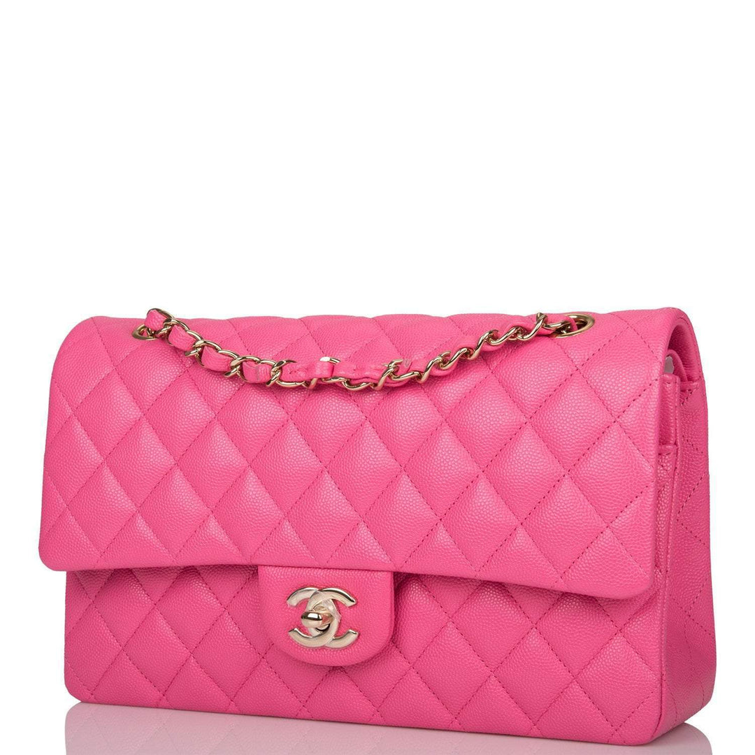 Chanel Pink Quilted Caviar Medium Classic Double Flap Bag Light Gold Hardware