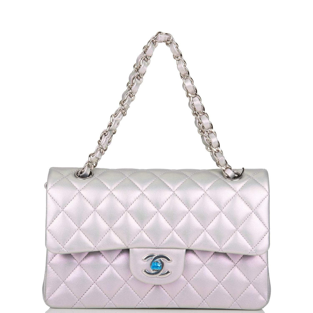 Chanel Small Classic Double Flap Bag Silver Iridescent Lambskin Silver Hardware