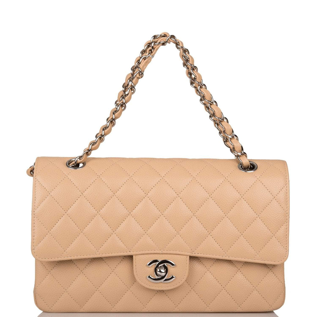 Chanel Beige Quilted Caviar Medium Classic Double Flap Bag Silver Hardware