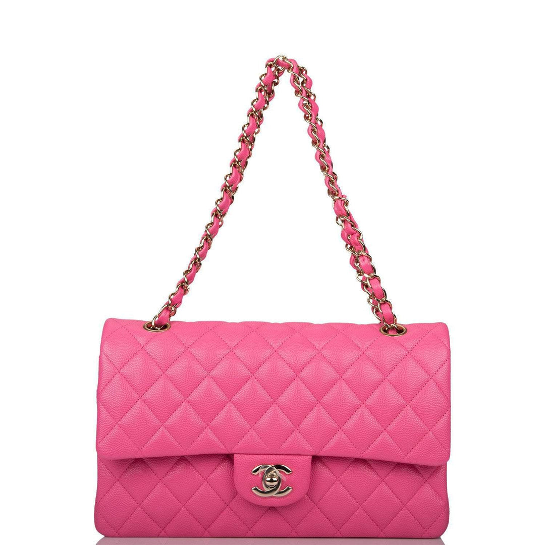 Chanel Pink Quilted Caviar Medium Classic Double Flap Bag Light Gold Hardware