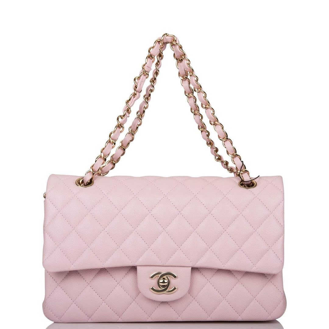 Chanel Rose Clair Quilted Caviar Medium Classic Double Flap Bag Light Gold Hardware