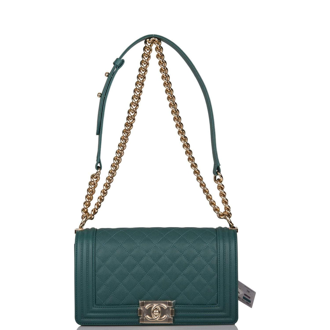 Chanel Green Quilted Caviar Medium Boy Bag Light Gold Hardware