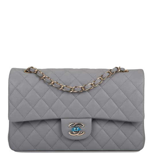 Chanel Shiny Grey Quilted Caviar Medium Classic Double Flap Bag Light Gold Hardware