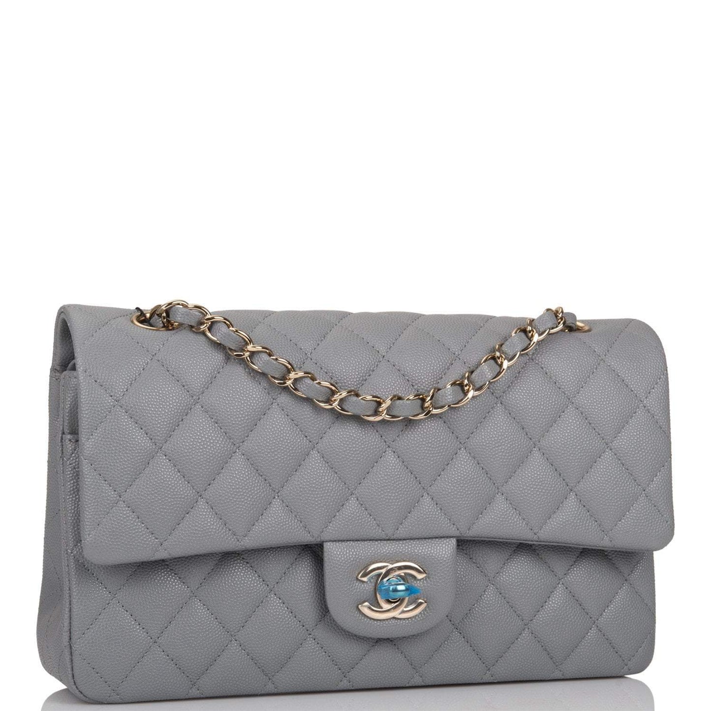 Chanel Shiny Grey Quilted Caviar Medium Classic Double Flap Bag Light Gold Hardware