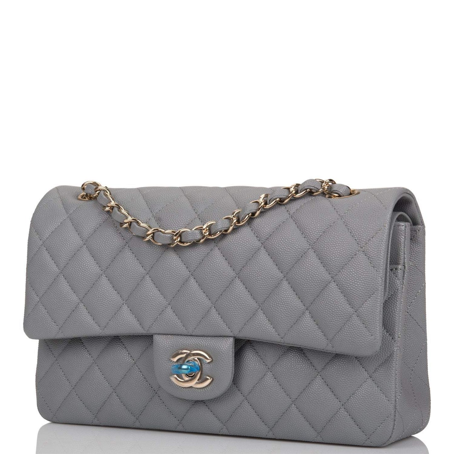 Chanel Shiny Grey Quilted Caviar Medium Classic Double Flap Bag Light Gold Hardware