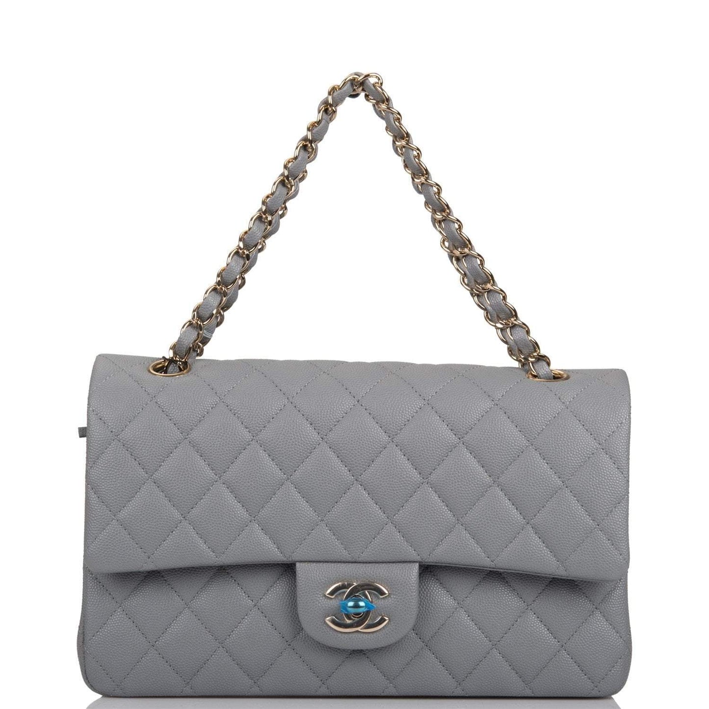 Chanel Shiny Grey Quilted Caviar Medium Classic Double Flap Bag Light Gold Hardware