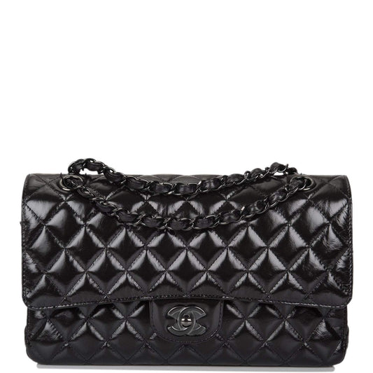 Chanel Shiny SO Black Crumpled Calfskin Quilted Medium Classic Double Flap Bag Black Hardware