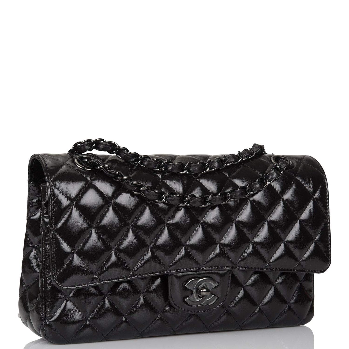 Chanel Shiny SO Black Crumpled Calfskin Quilted Medium Classic Double Flap Bag Black Hardware