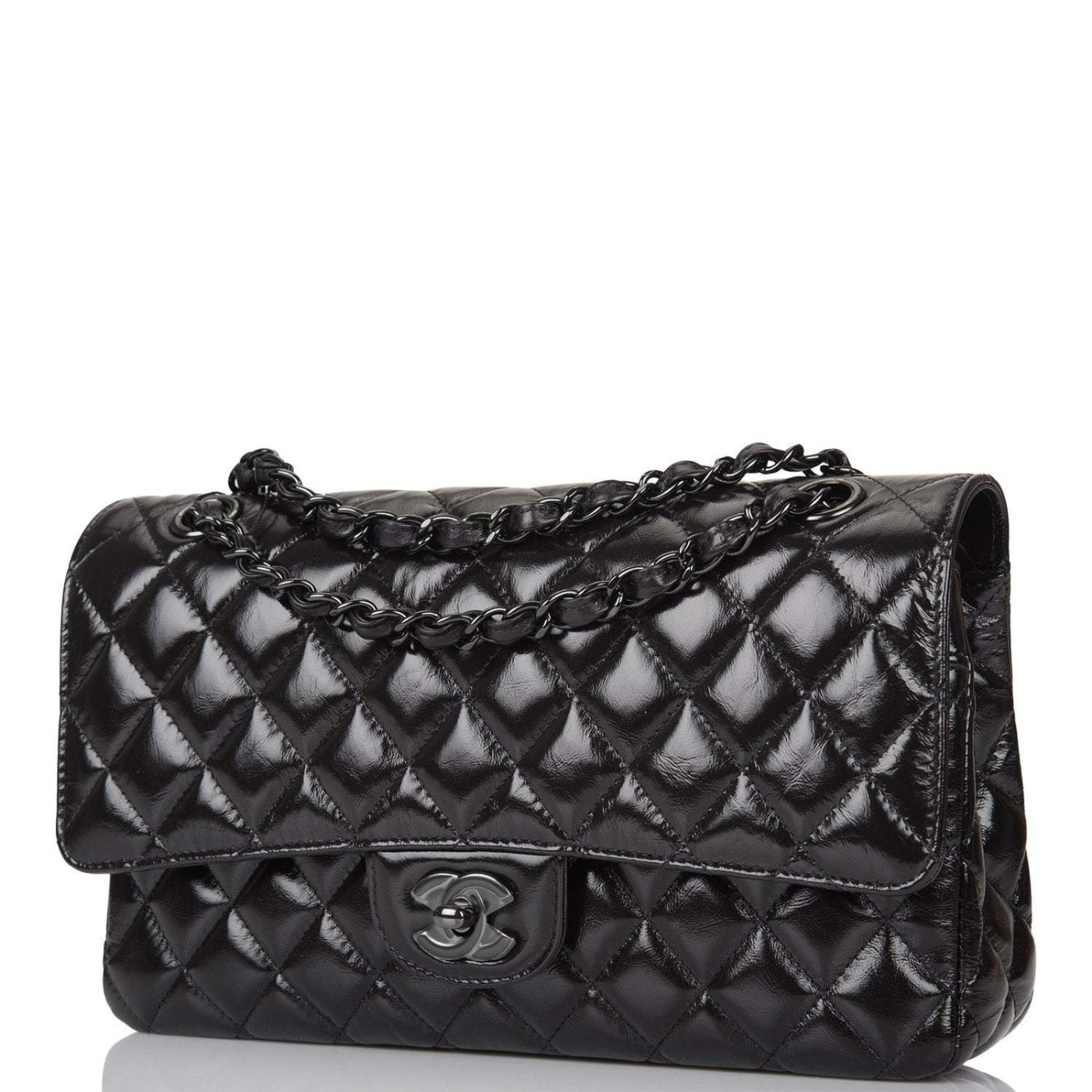 Chanel Shiny SO Black Crumpled Calfskin Quilted Medium Classic Double Flap Bag Black Hardware