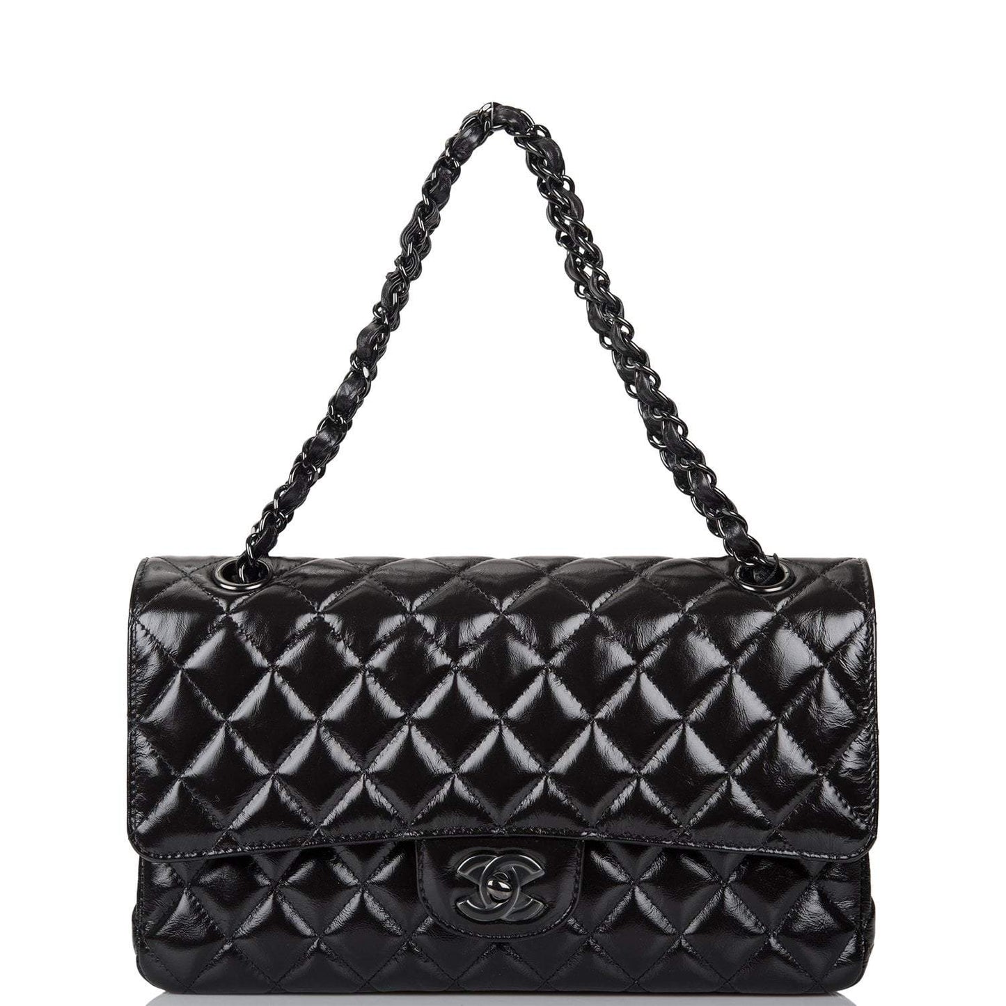 Chanel Shiny SO Black Crumpled Calfskin Quilted Medium Classic Double Flap Bag Black Hardware