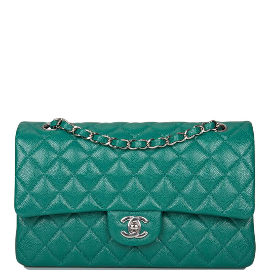 Chanel Shiny Green Quilted Caviar Medium Classic Double Flap Bag Silver Hardware