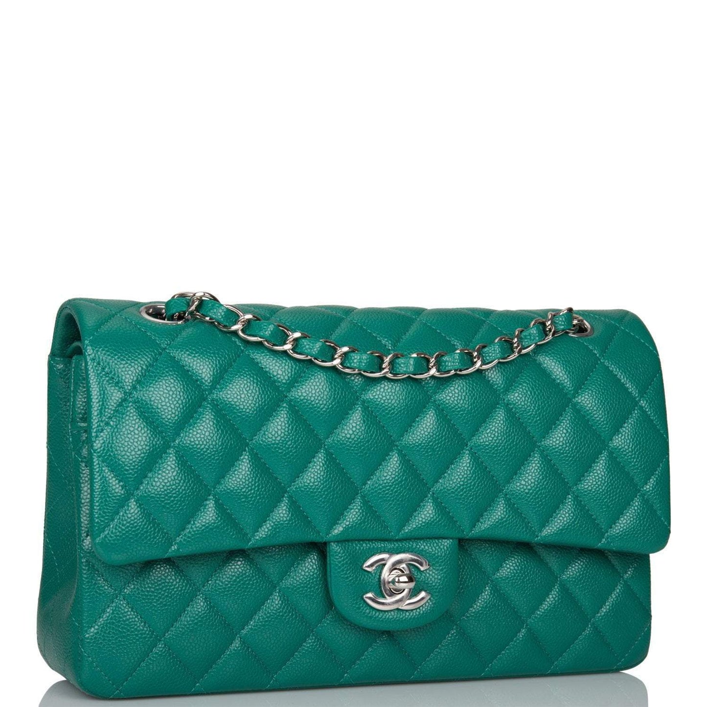 Chanel Shiny Green Quilted Caviar Medium Classic Double Flap Bag Silver Hardware