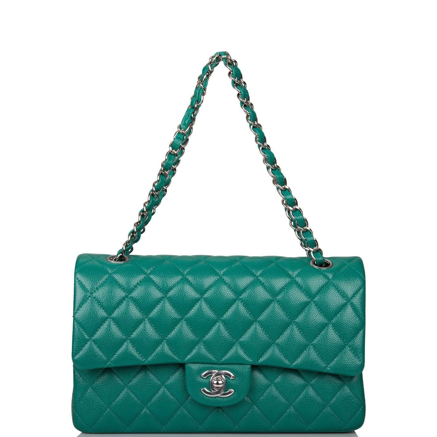 Chanel Shiny Green Quilted Caviar Medium Classic Double Flap Bag Silver Hardware