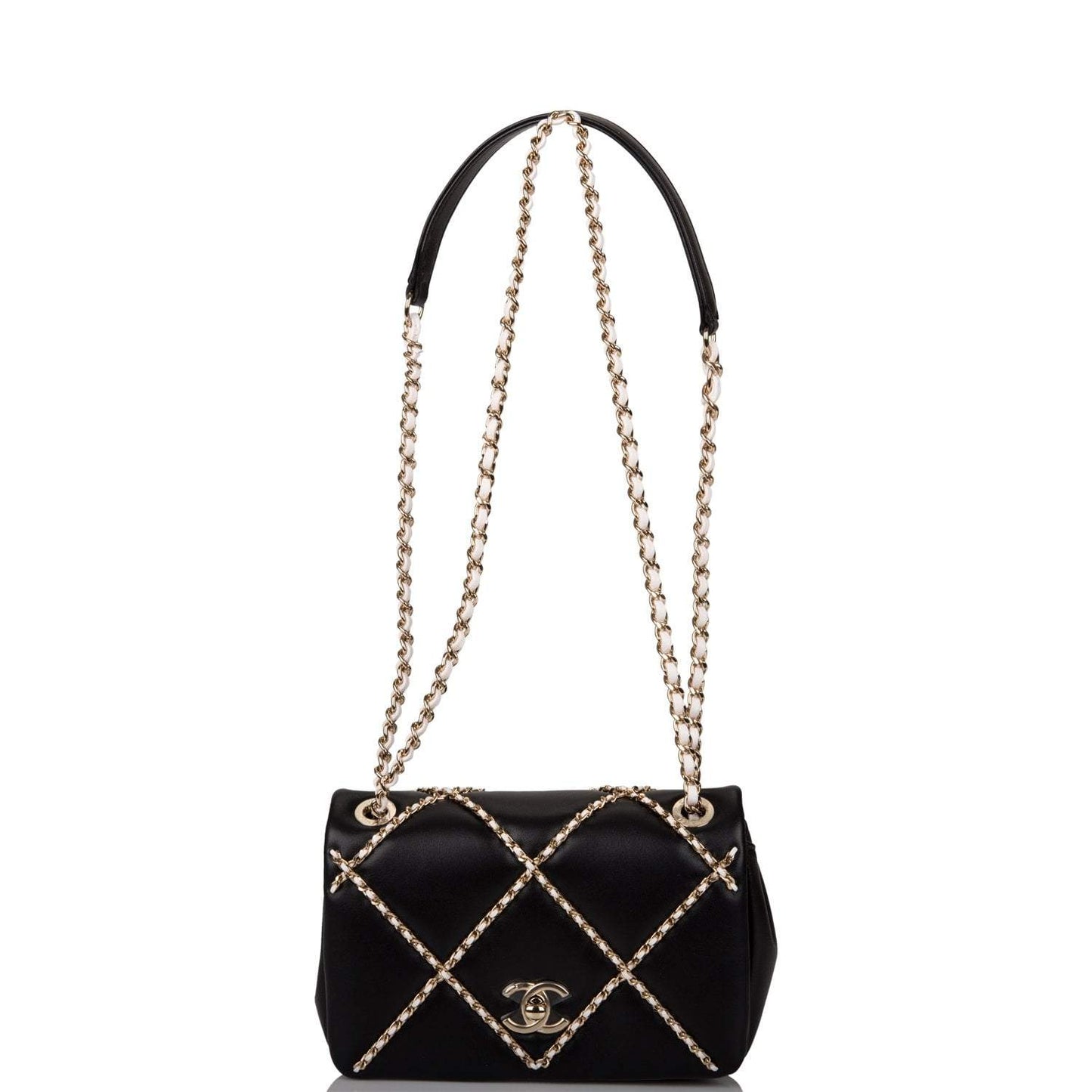 Chanel Entwined Chain Small Flap Bag Black Lambskin Light Gold Hardware