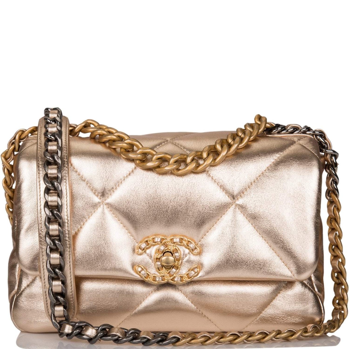 Chanel Gold Metallic Quilted Lambskin Medium 19 Flap Bag Mixed Hardware