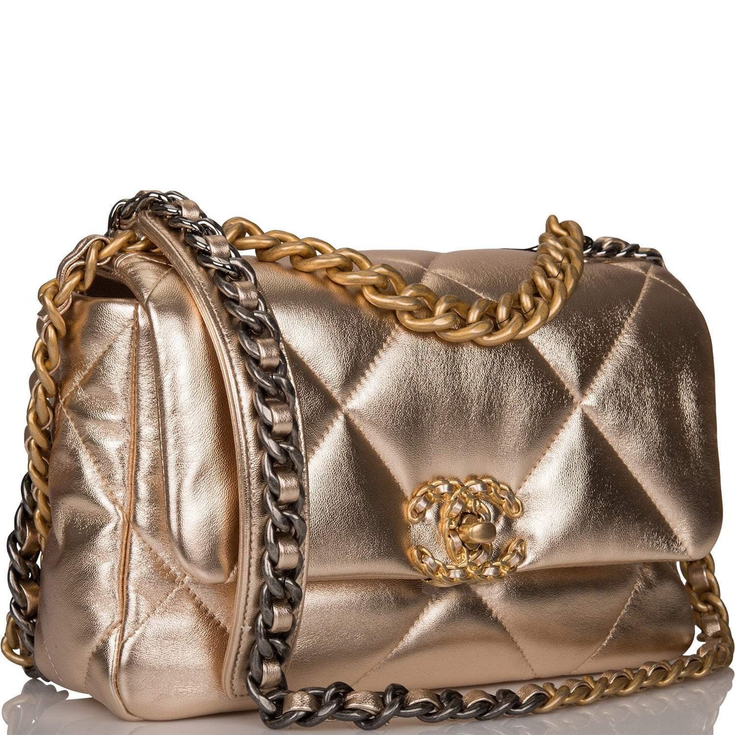 Chanel Gold Metallic Quilted Lambskin Medium 19 Flap Bag Mixed Hardware