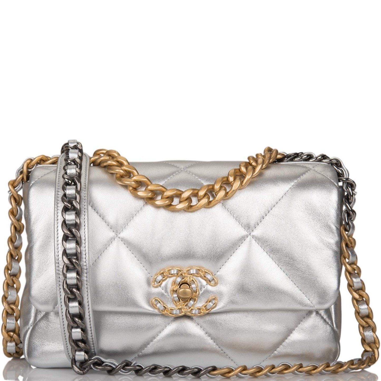 Chanel Silver Metallic Quilted Lambskin Medium 19 Flap Bag Mixed Hardware