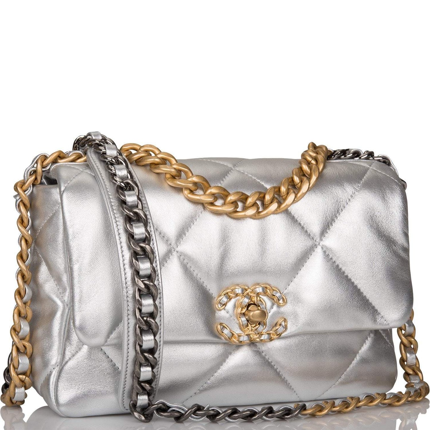 Chanel Silver Metallic Quilted Lambskin Medium 19 Flap Bag Mixed Hardware