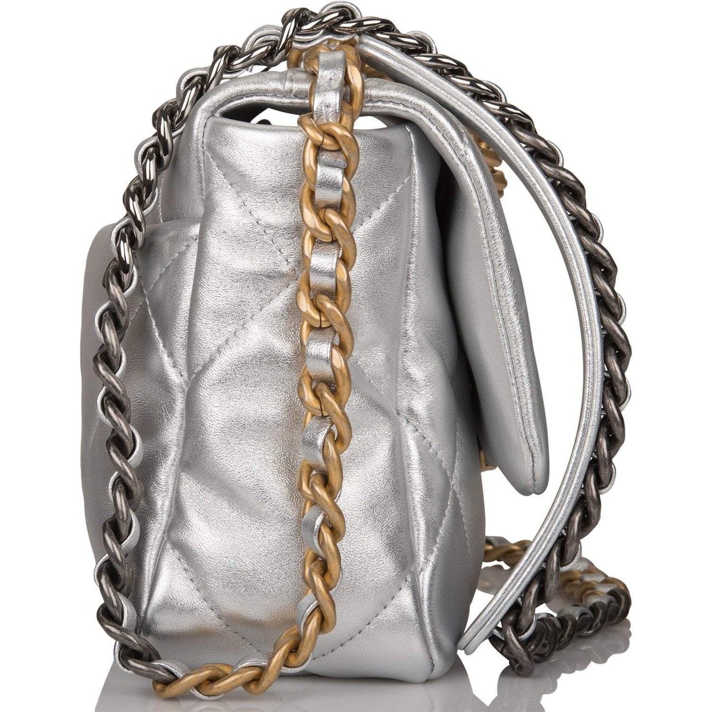 Chanel Silver Metallic Quilted Lambskin Medium 19 Flap Bag Mixed Hardware