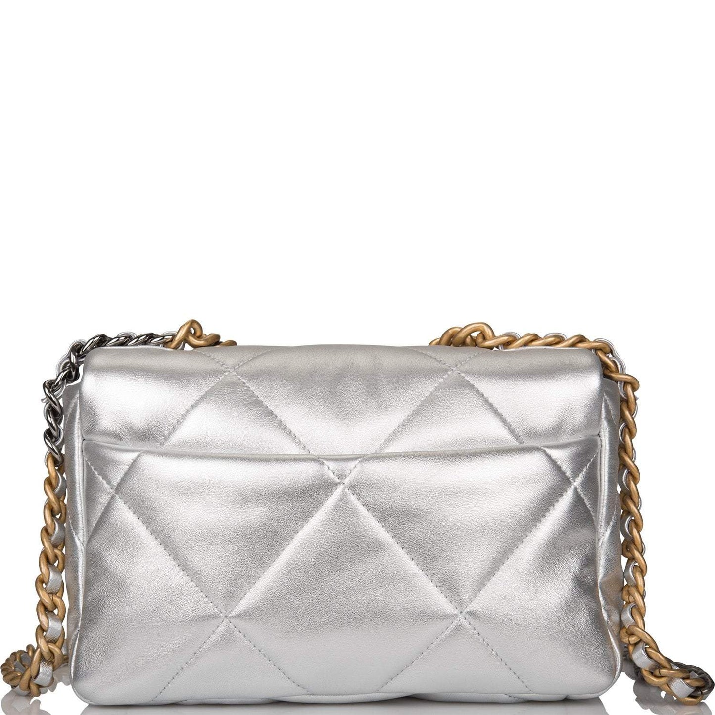 Chanel Silver Metallic Quilted Lambskin Medium 19 Flap Bag Mixed Hardware