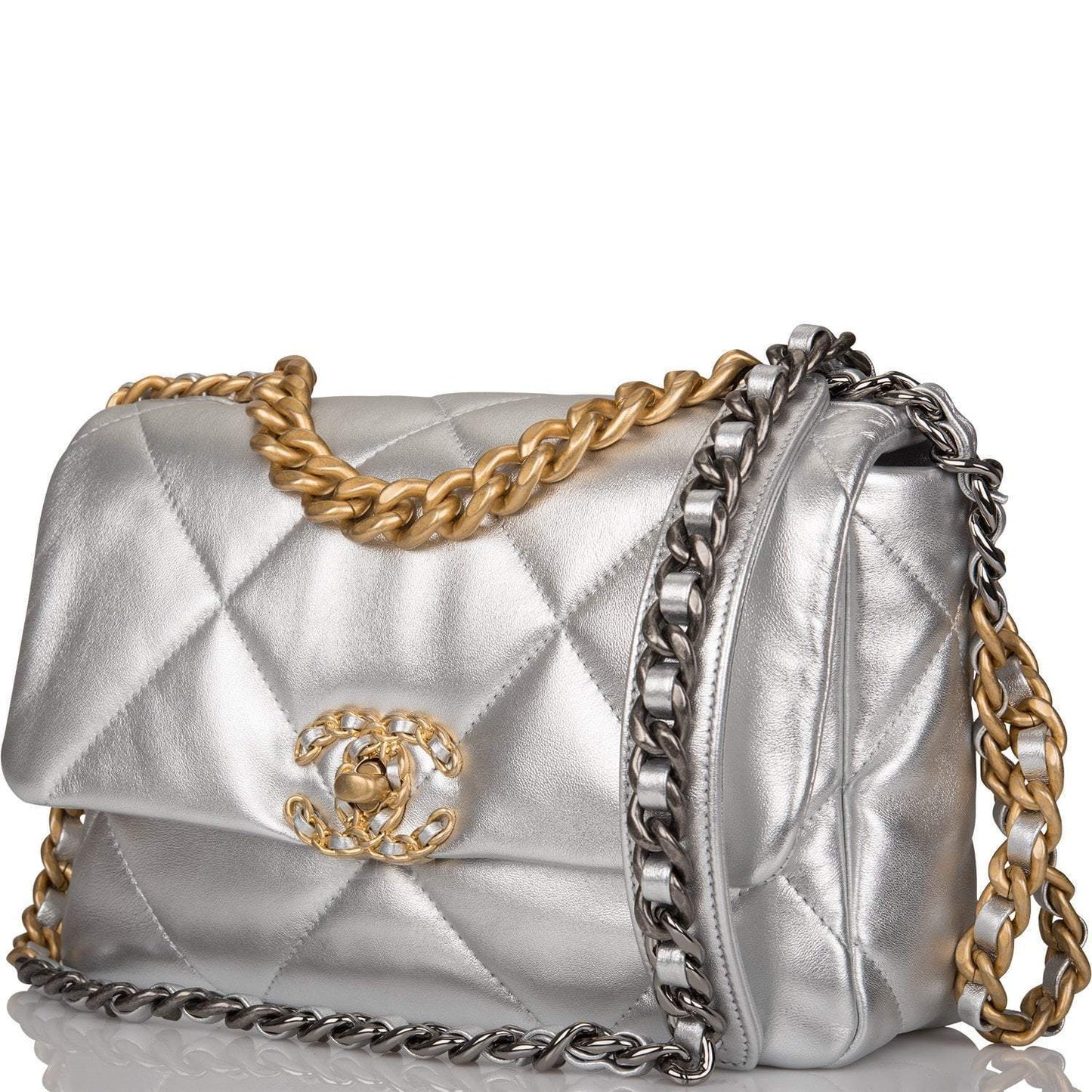 Chanel Silver Metallic Quilted Lambskin Medium 19 Flap Bag Mixed Hardware