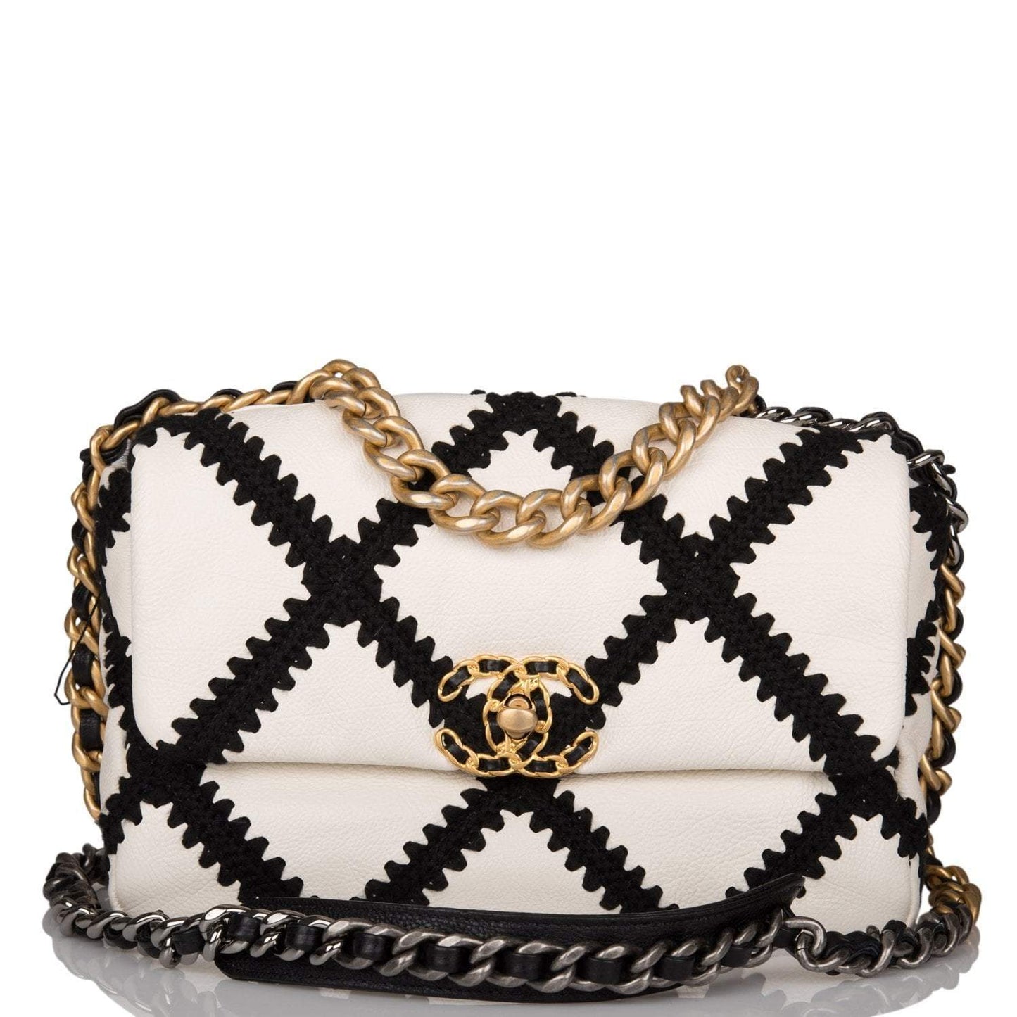 Chanel White and Black Crochet Quilted Calfskin Medium 19 Flap Bag Mixed Hardware