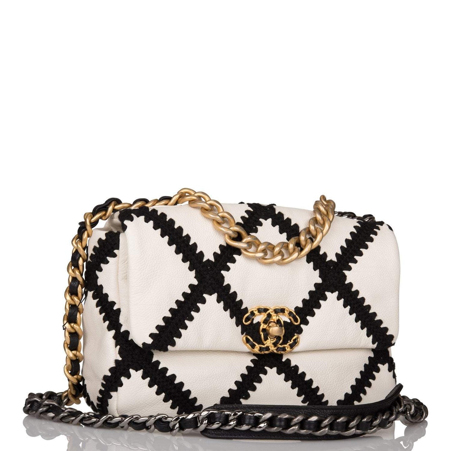 Chanel White and Black Crochet Quilted Calfskin Medium 19 Flap Bag Mixed Hardware