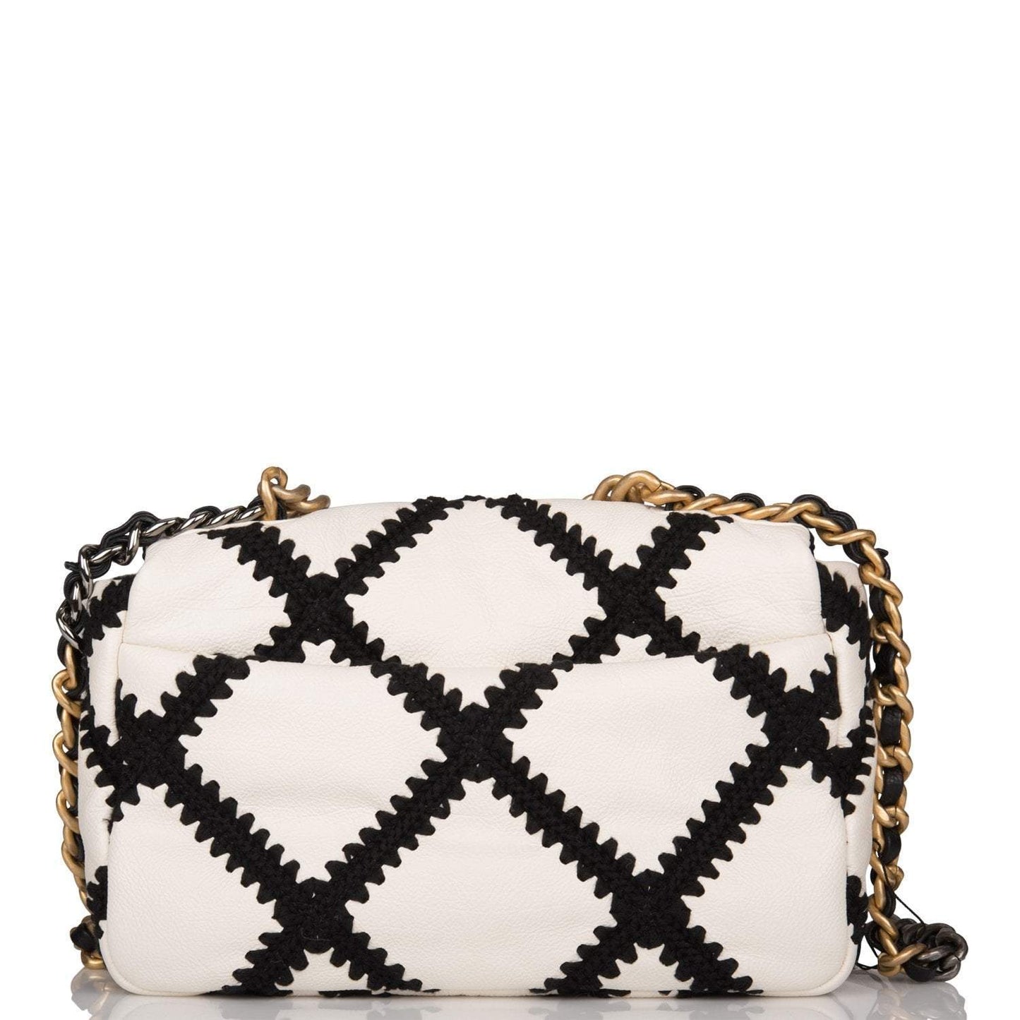 Chanel White and Black Crochet Quilted Calfskin Medium 19 Flap Bag Mixed Hardware