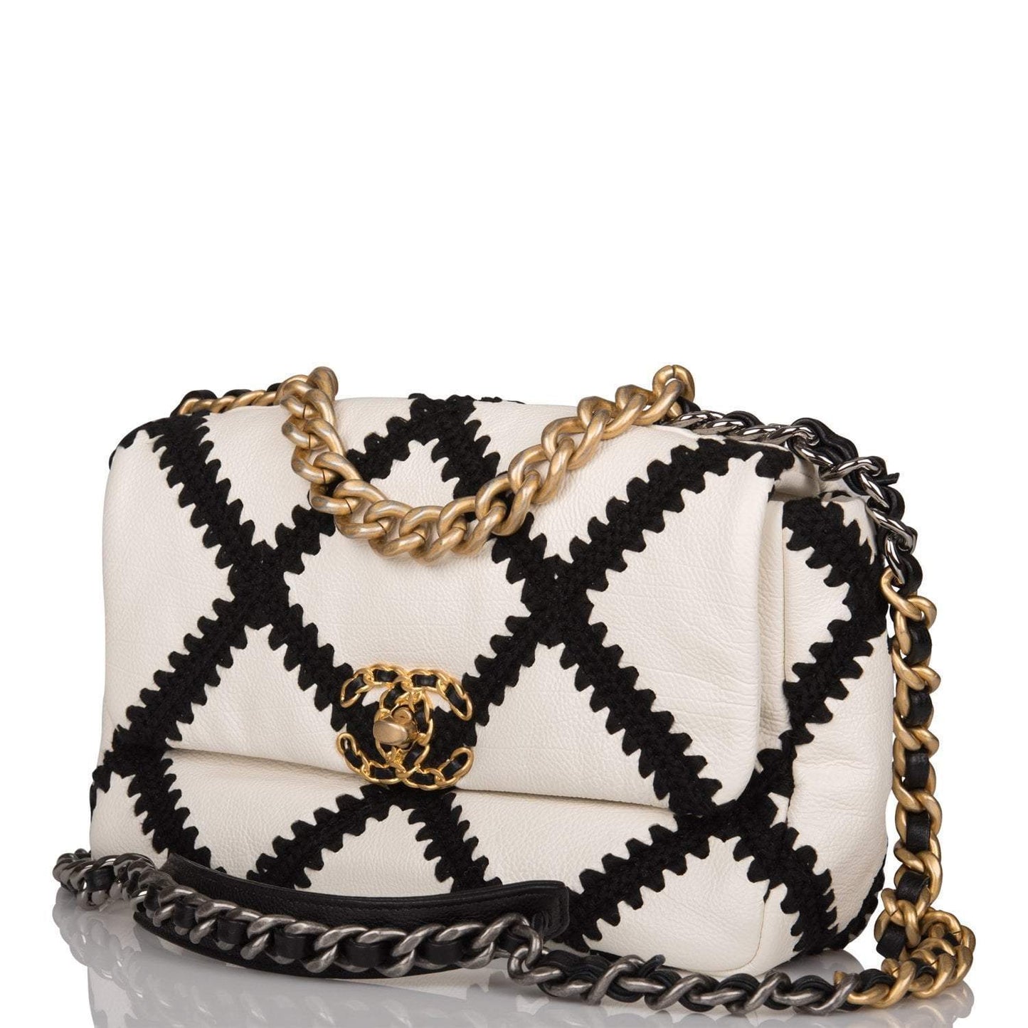 Chanel White and Black Crochet Quilted Calfskin Medium 19 Flap Bag Mixed Hardware