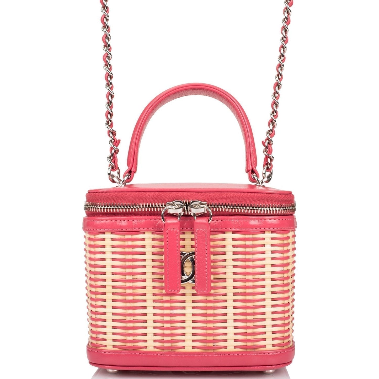 Chanel Pink Small Rattan Vanity Case Silver Hardware