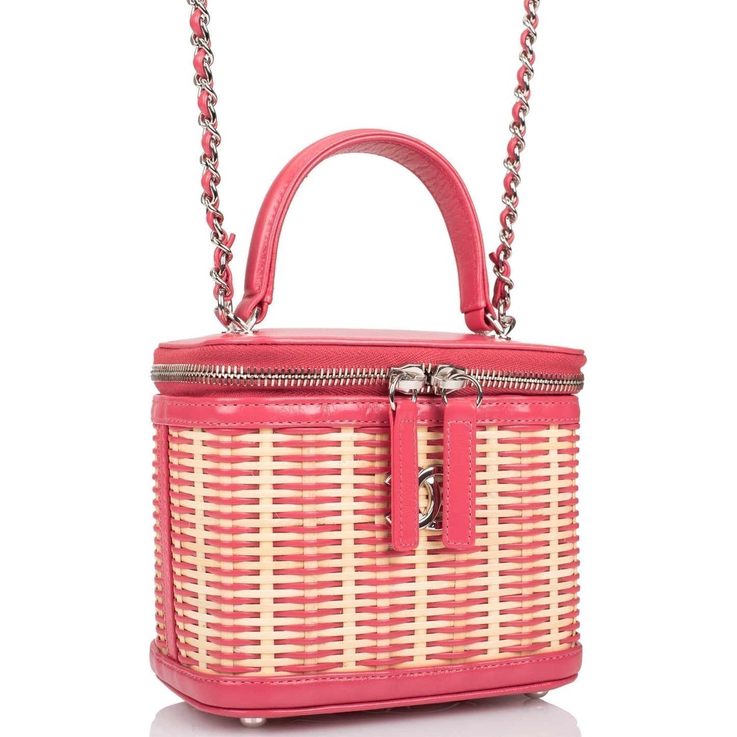 Chanel Pink Small Rattan Vanity Case Silver Hardware