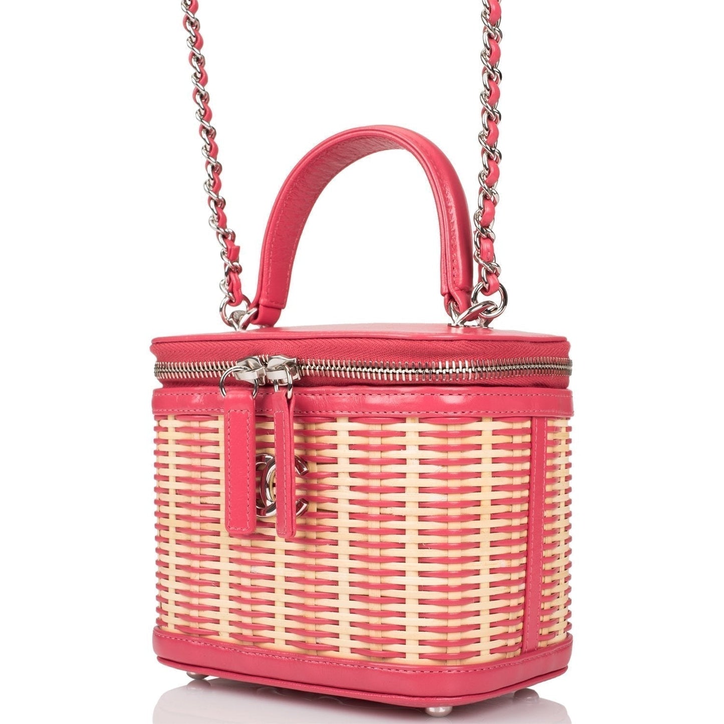 Chanel Pink Small Rattan Vanity Case Silver Hardware