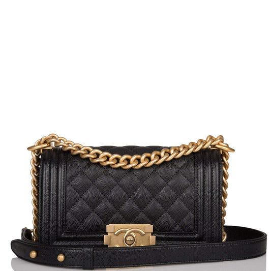 Chanel Small Boy Bag Black Caviar Antique Gold Hardware