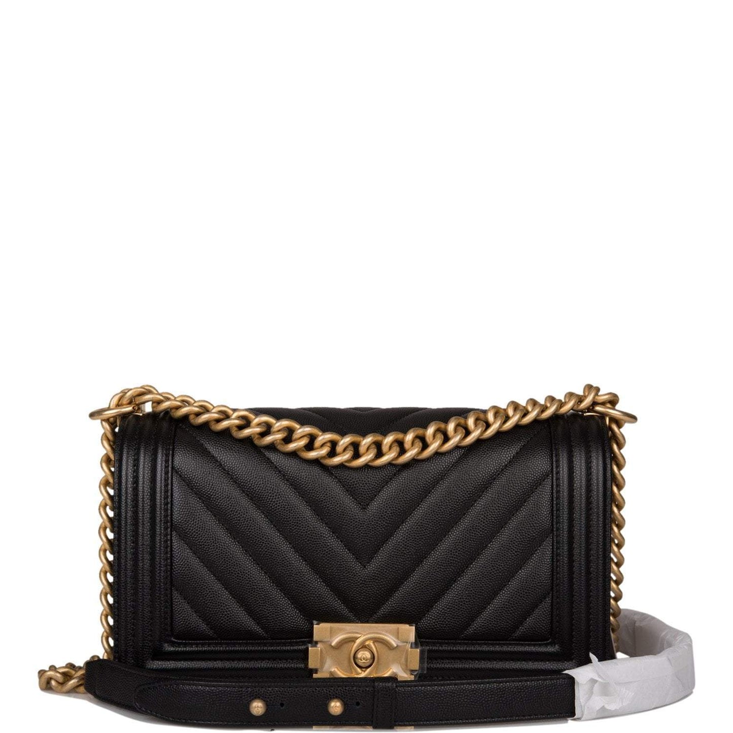 Chanel Medium Boy Bag Black Chevron Caviar Antique Gold Hardware